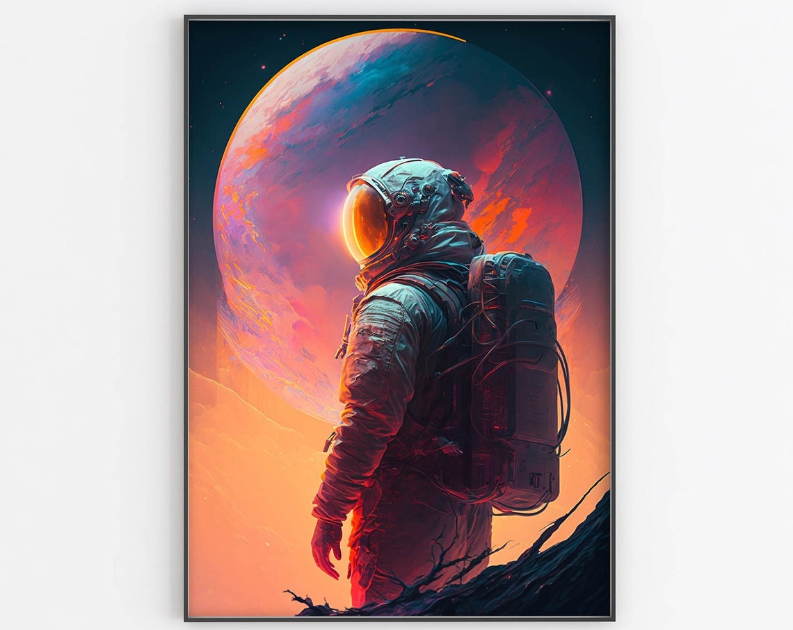 Astronaut Before Giant Pink Planet Poster Golden Visor Sci Fi Artwork