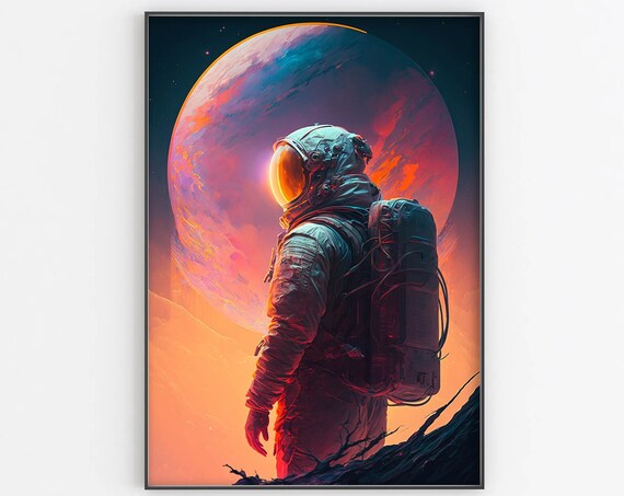 Astronaut Before Giant Pink Planet Poster Golden Visor Sci Fi Artwork