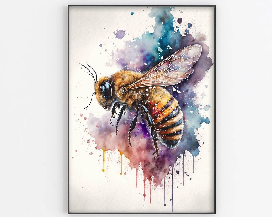 Watercolor Honeybee Poster Buzzing Bee Insect Paint Splash Nature Art