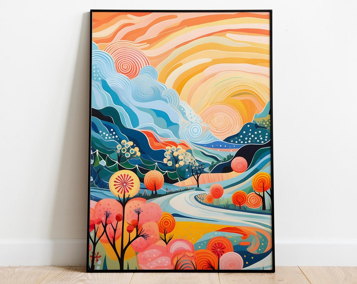 Colorful Abstract Mountain Valley Patchwork Sunset Floral Art Poster