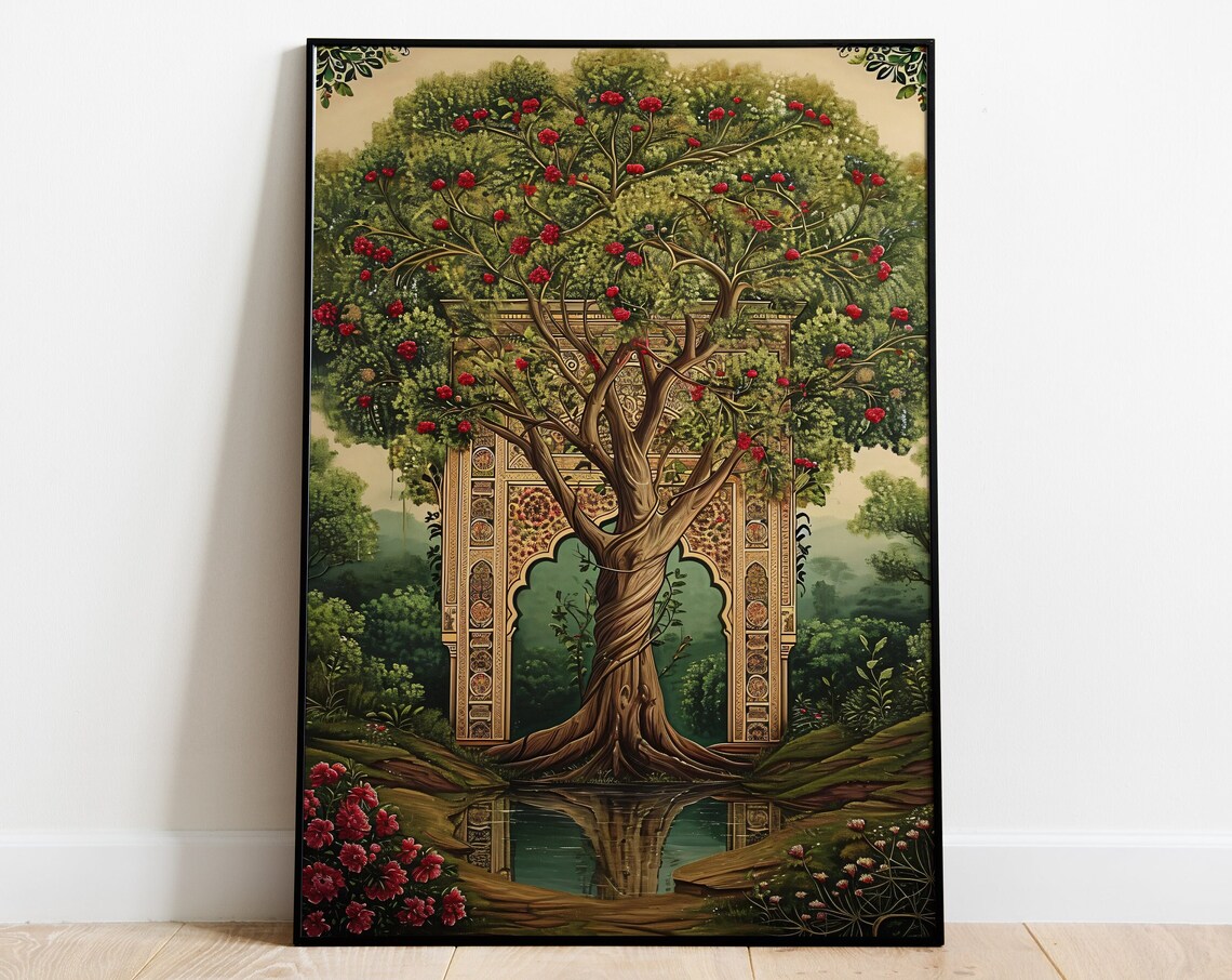 Indian Tree of Life Folk Painting Red Flowers Temple Arch Art Wall Art