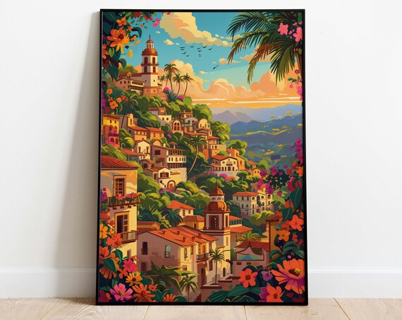 Mexico Hillside Town Church Towers Palms Colorful Travel Poster