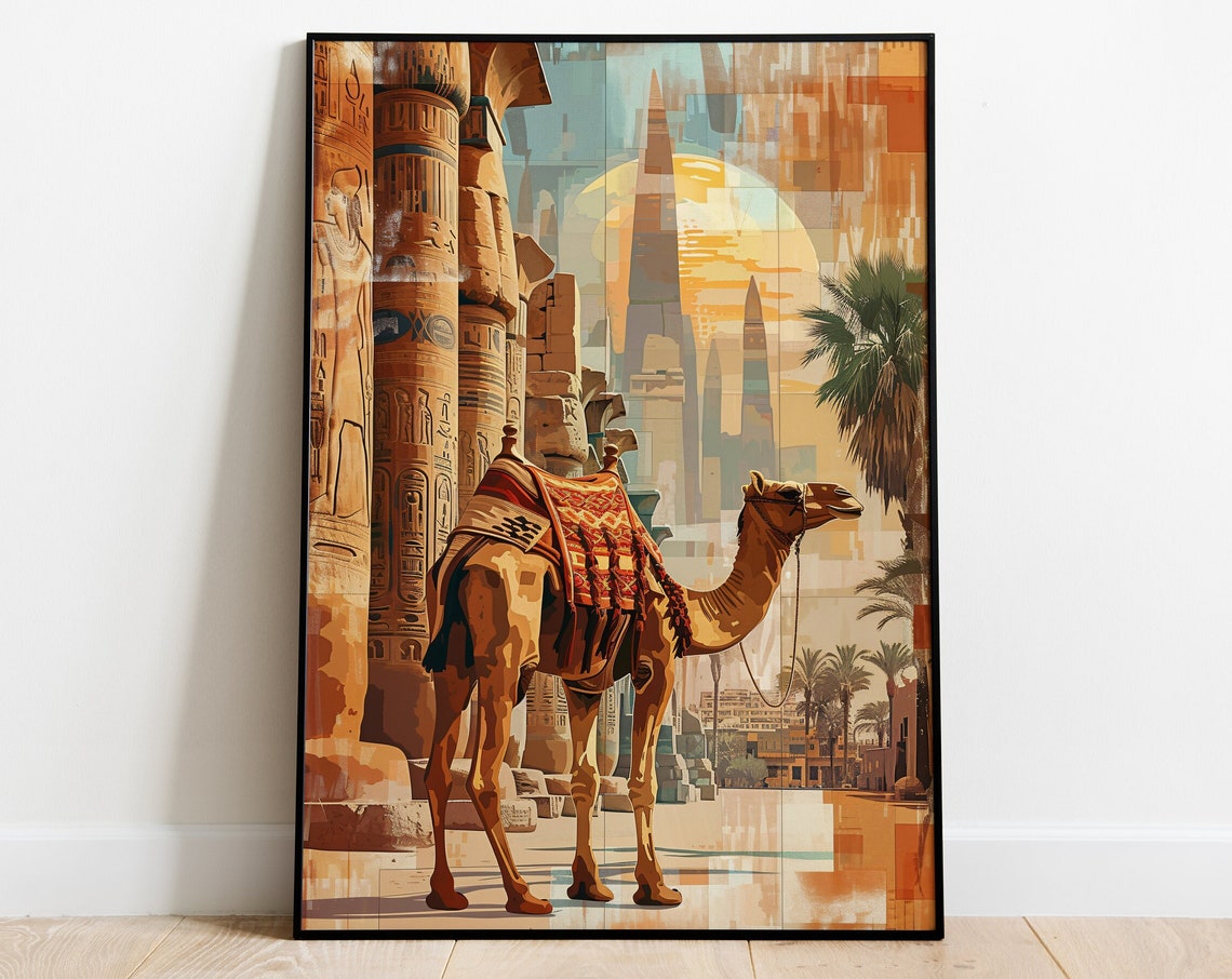 Ancient Egyptian Temple Columns Camel Sunset Desert Travel Poster