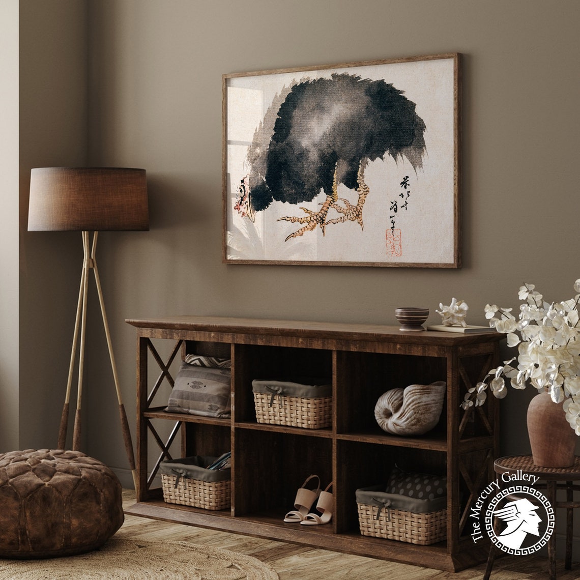 Hokusai Black Chicken Drinking Ink Wash Vintage Japanese Animal Print - Image 2