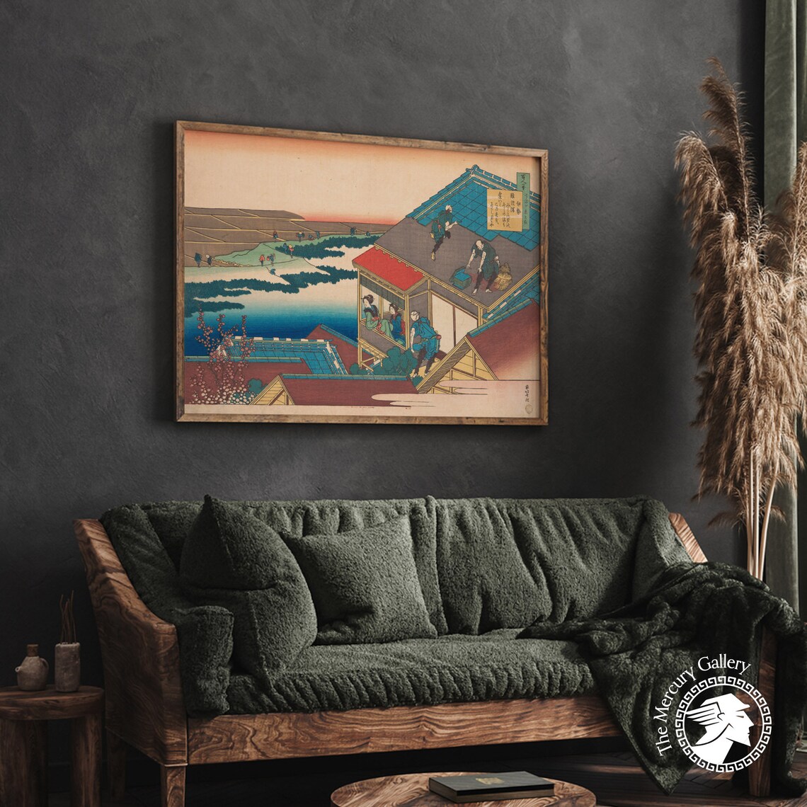 Hokusai Poem by Sangi Hitoshi Rooftops Sunset Rice Paddies Ukiyo E Poster - Image 4