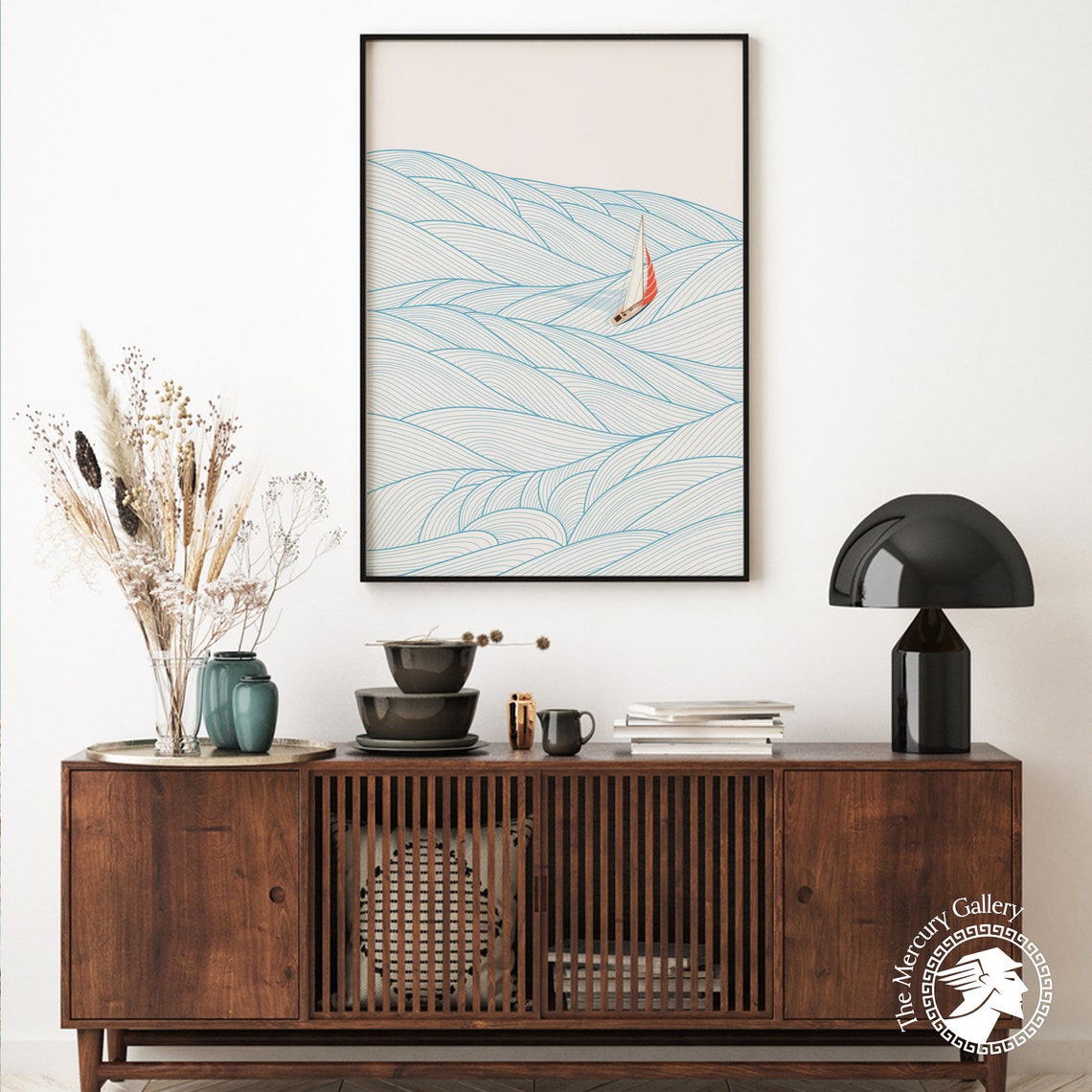 Minimalist Sailboat Red Sail Blue Line Waves Modern Ocean Art Poster - Image 3