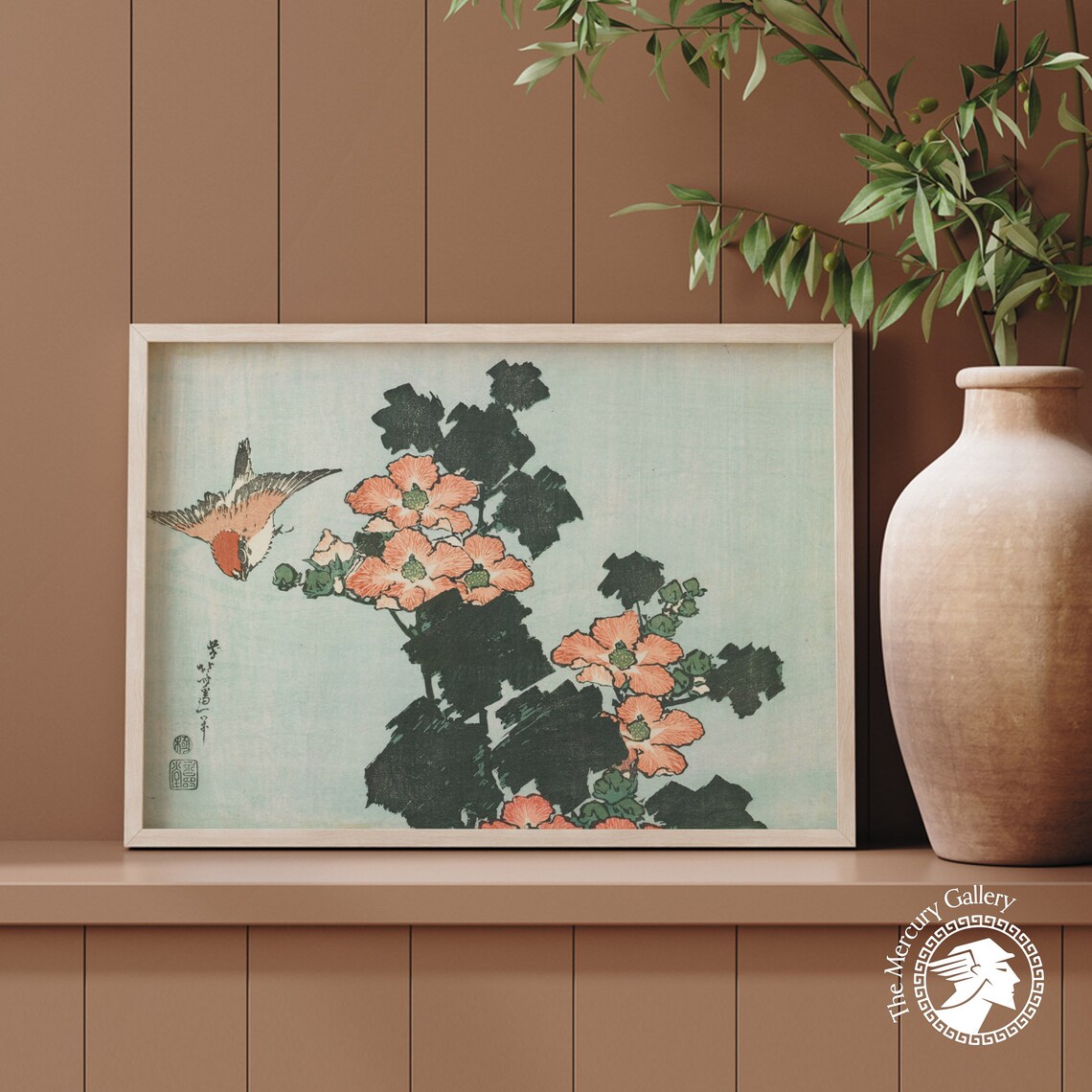 Bird Among Coral Blossoms With Dark Foliage Vintage Japanese Bird Art Poster - Image 6