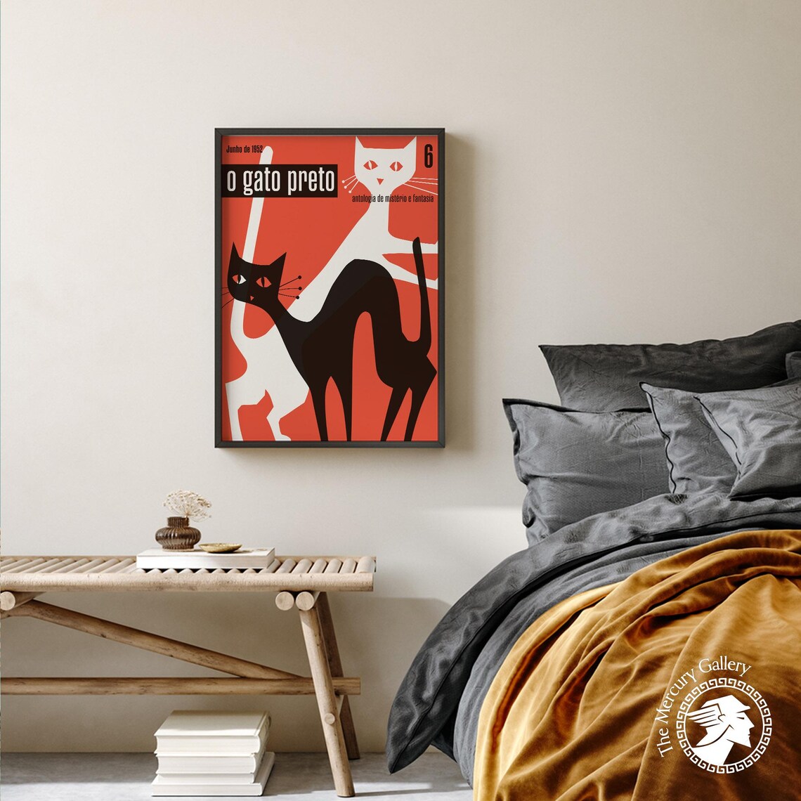 O Gato Preto 1952 Portuguese Magazine Cover Black Cat Red Vintage Art Poster - Image 4