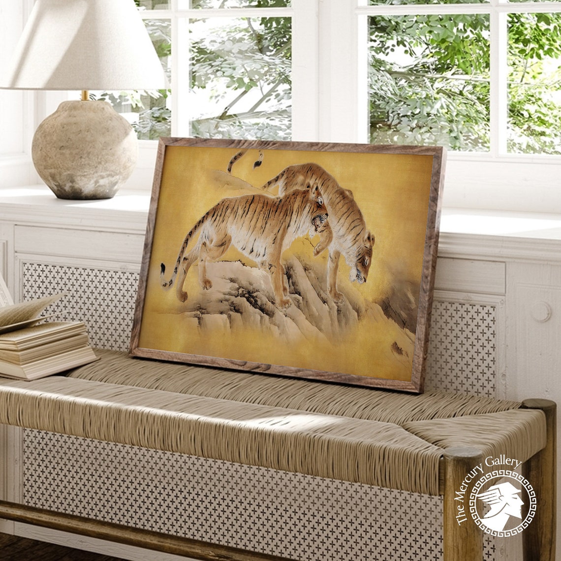 Two Tigers On Gold Leaf Rock Antique Japanese Tiger Wildlife Art Print - Image 4