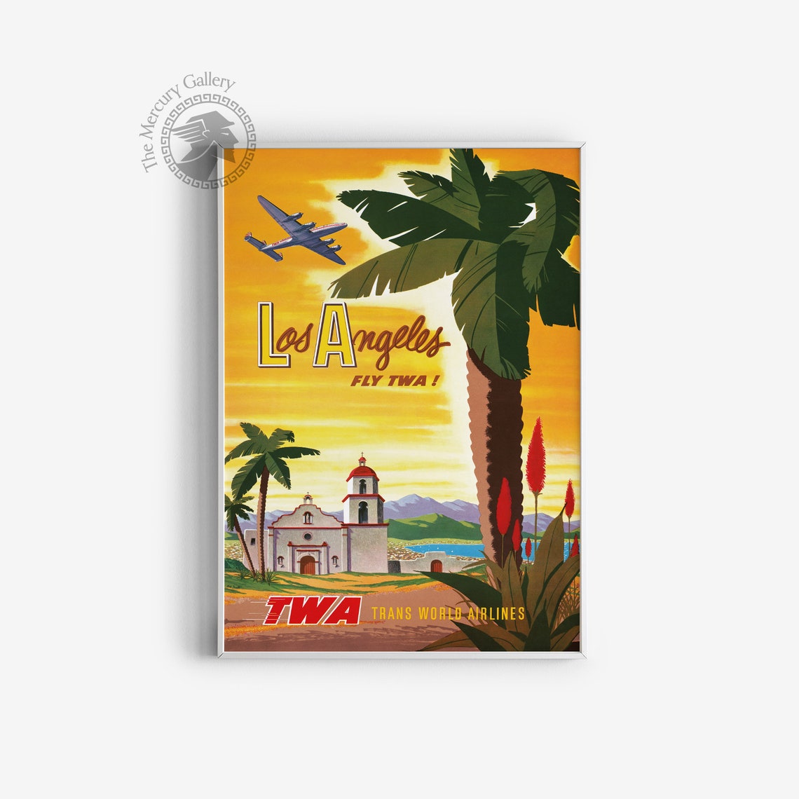 Los Angeles Vintage TWA Airline Palm Mission Retro Travel Poster Print - Image 3