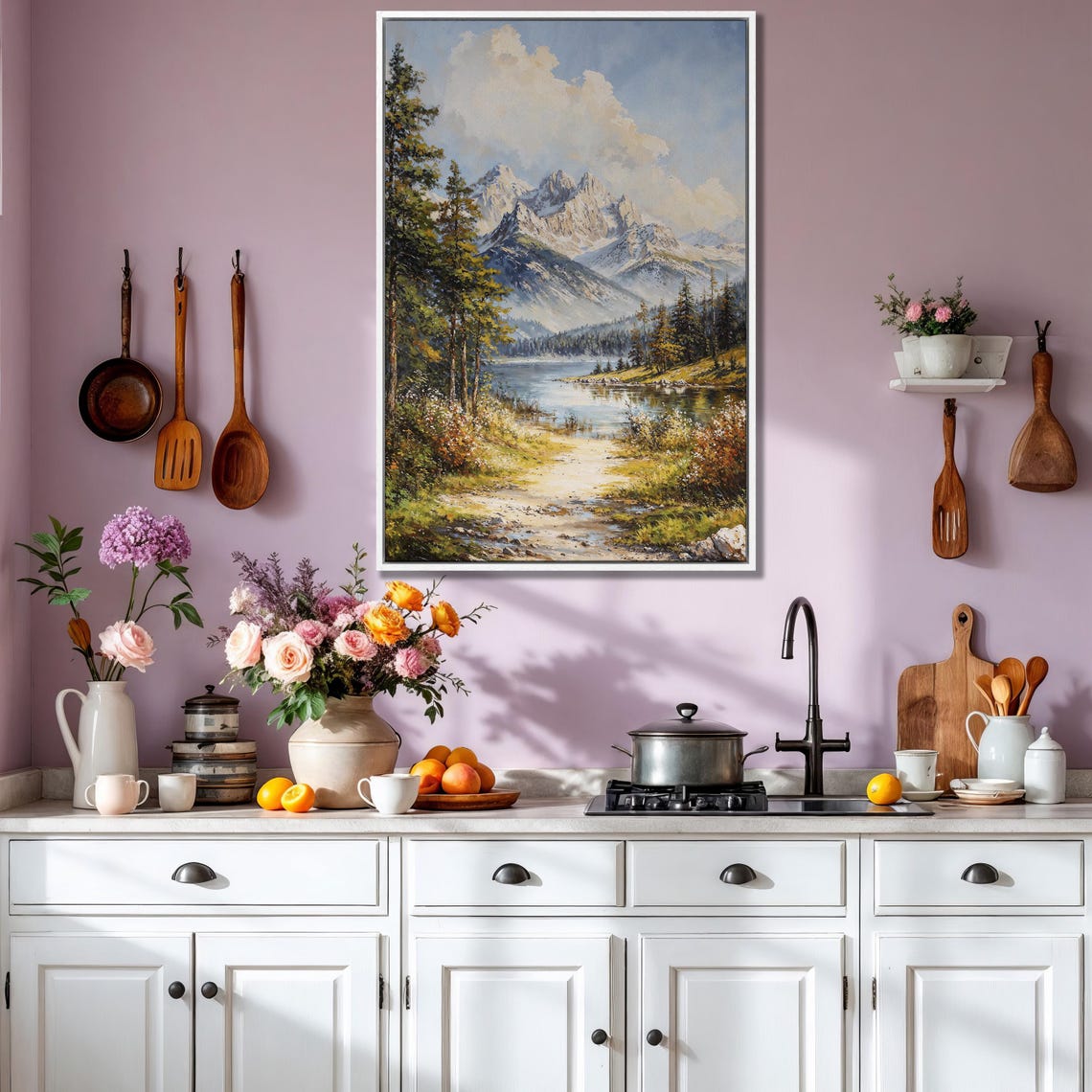 Snowy Mountain Peaks Above Calm Lake With Forest Path Poster - Image 3