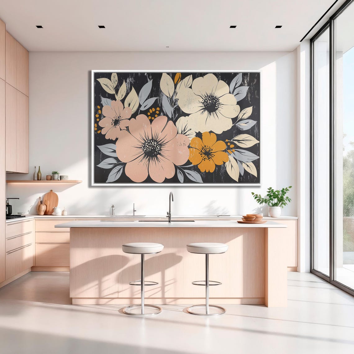 Bold Coral And Cream Blooms On Distressed Black Floral Poster - Image 3