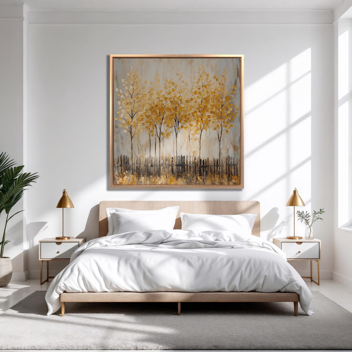 Golden Leaf Trees Standing Behind Rustic Wooden Fence Artwork Poster - Image 4