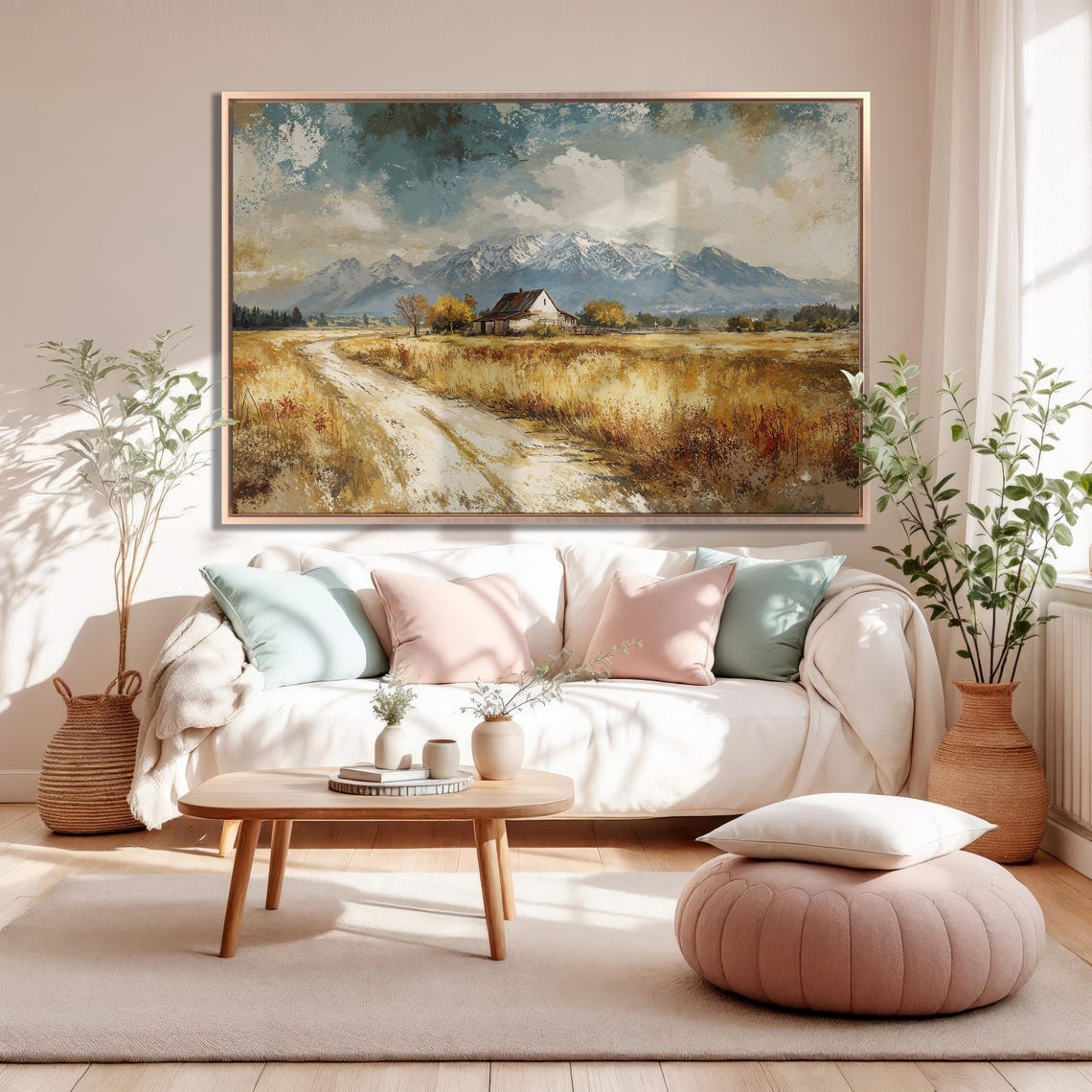 Autumn Barn Path Under Snow-Capped Mountain Landscape Poster - Image 5
