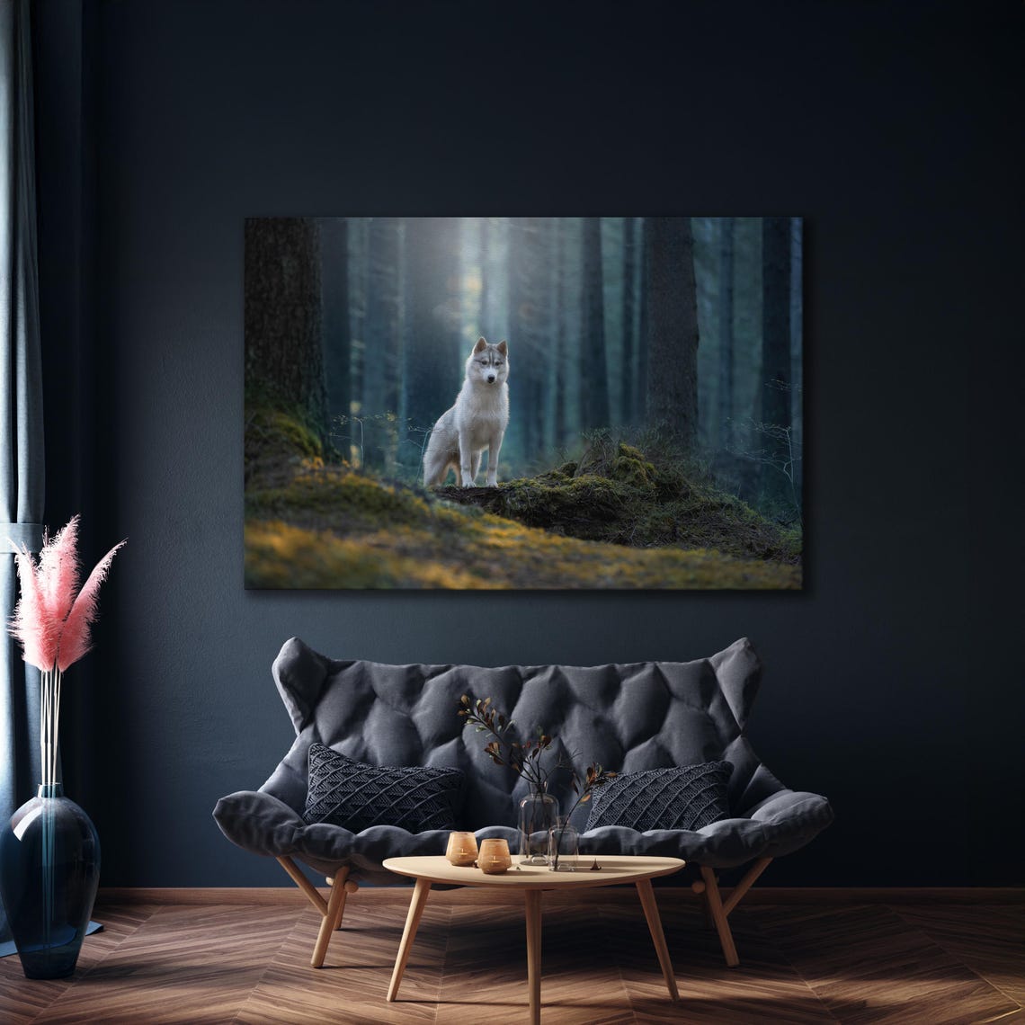 White Siberian Husky Standing in Misty Forest Wildlife Poster - Image 3