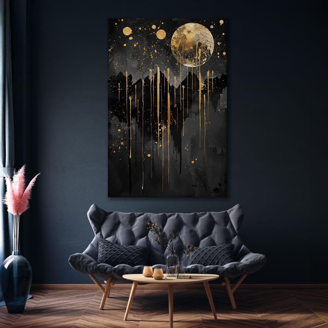 Black And Gold Dripping Moon Over Mountain Silhouette Art Poster - Image 5