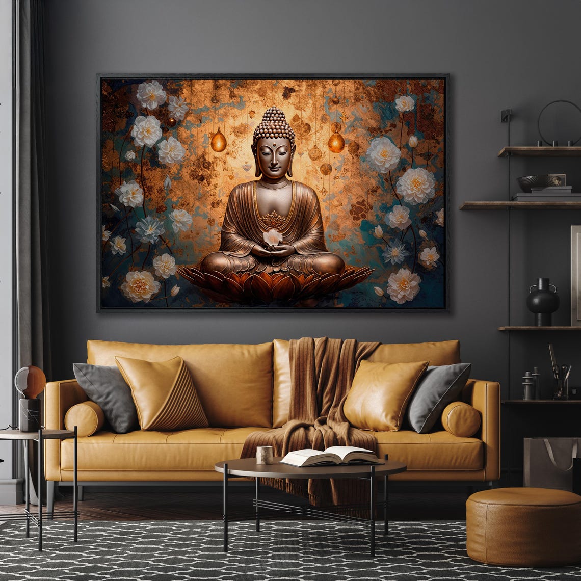 Bronze Buddha Meditating On Lotus Flower Floral Zen Wall Art - Image 5