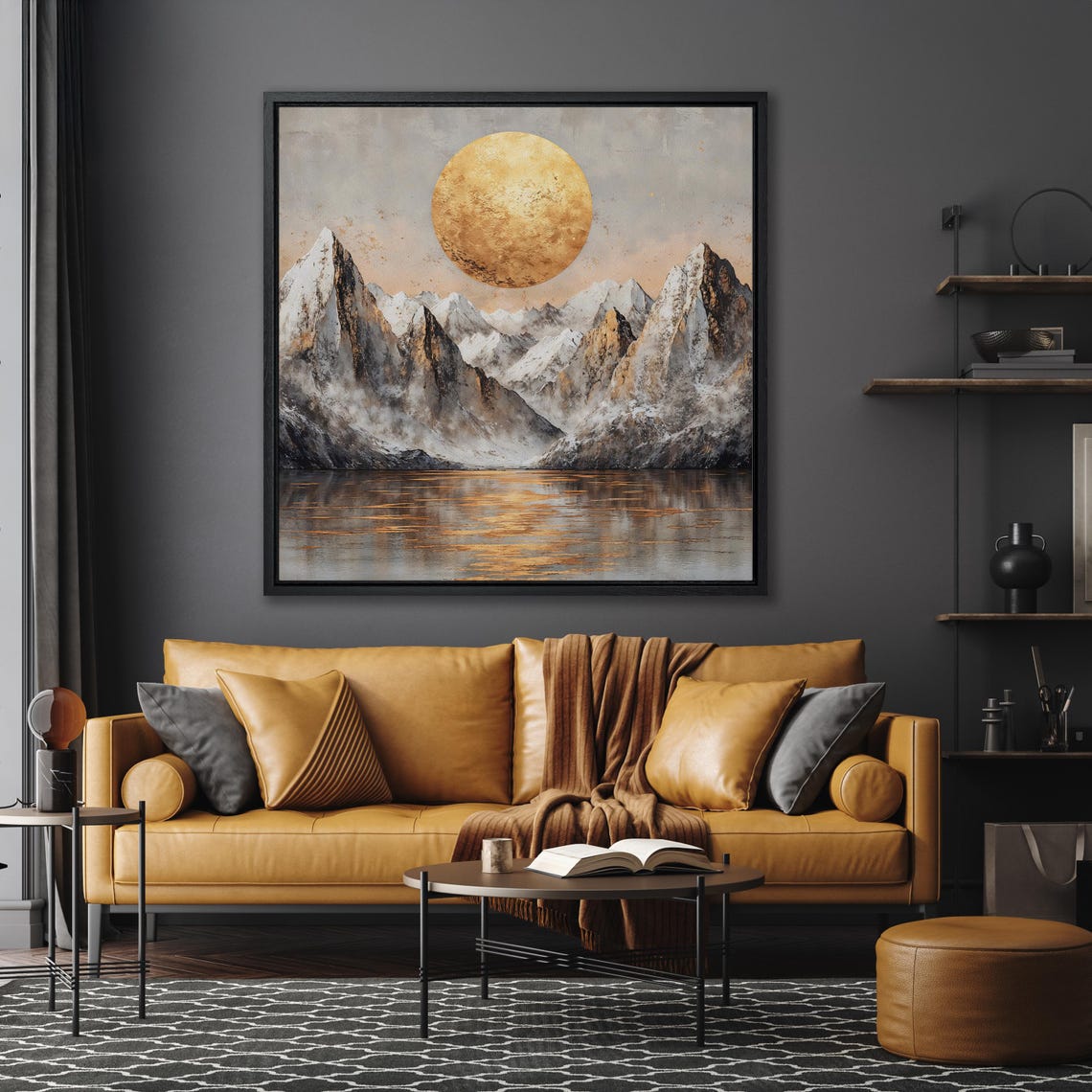 Snowy Mountain Peaks Under Golden Sun Lake Reflection Art Poster - Image 4