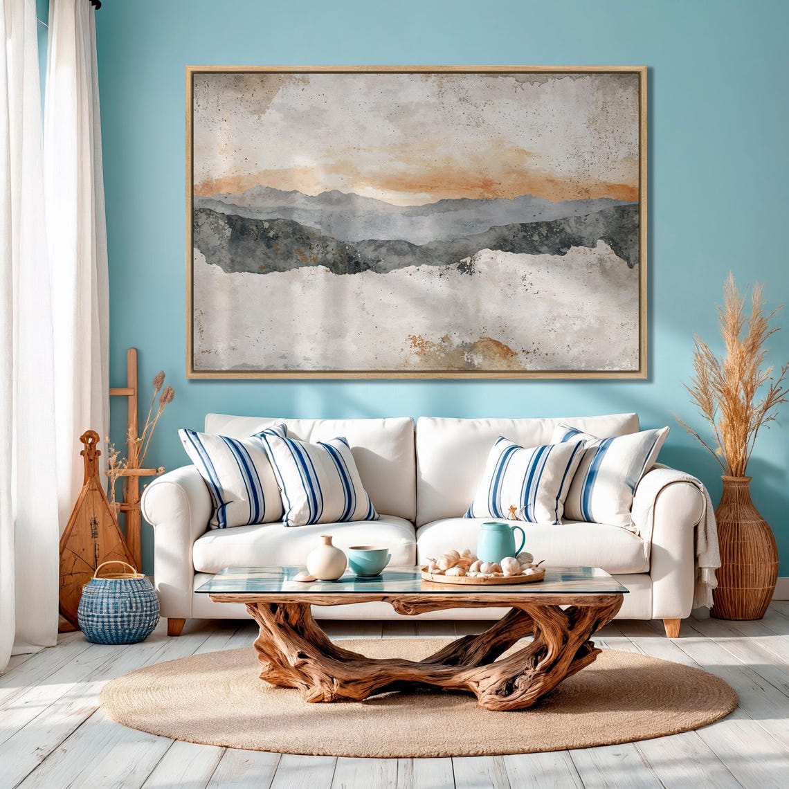 Layered Watercolor Mountain Ranges In Orange Sunset Haze Poster - Image 4