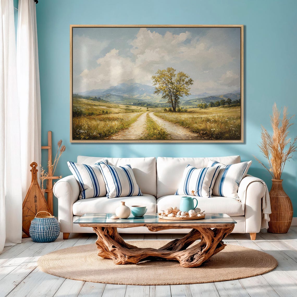 Lone Tree On Country Road Through Golden Meadow Landscape Poster - Image 4