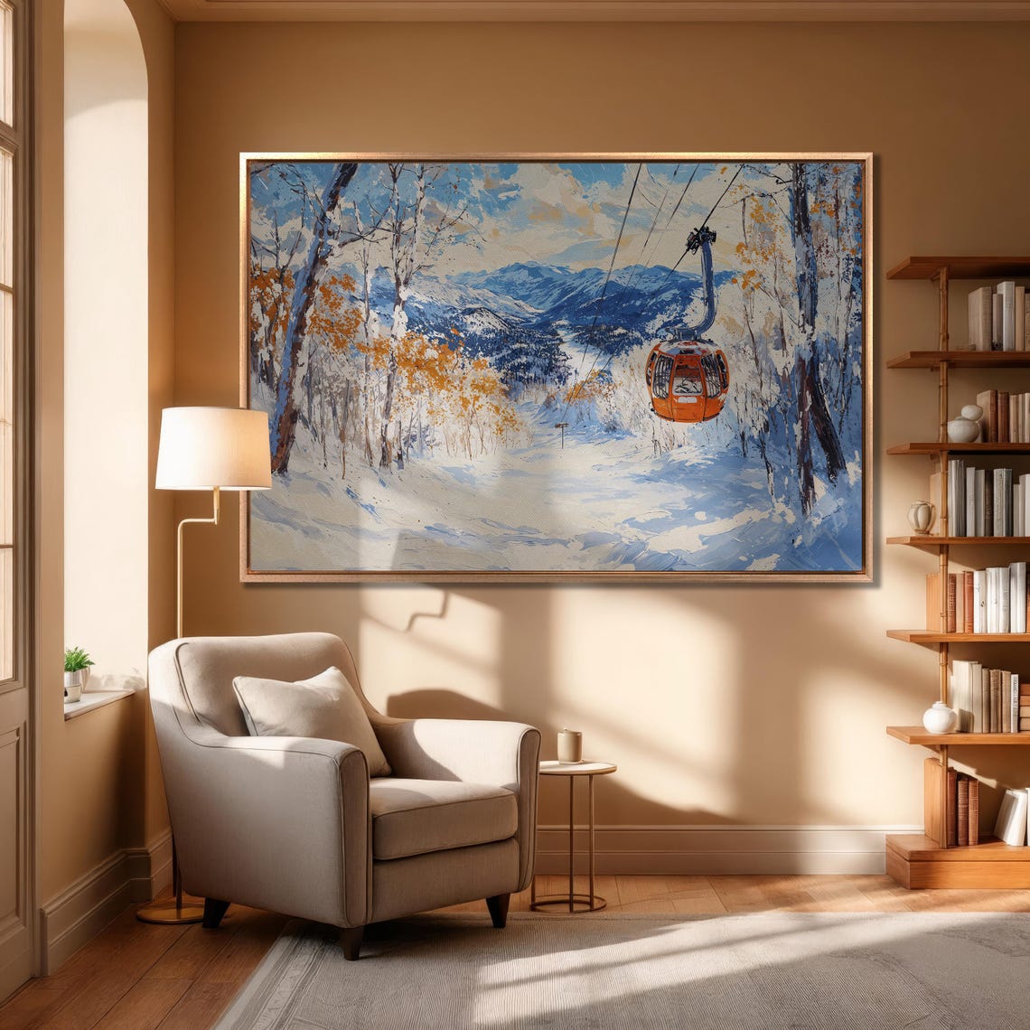 Orange Gondola Cabin Over Snowy Slope Birch Trees Ski Poster - Image 6
