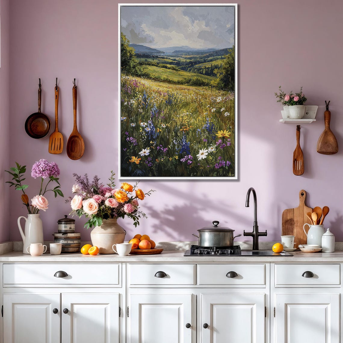 Sunlit Wildflower Meadow Overlooking a Green Valley Vista Poster - Image 3