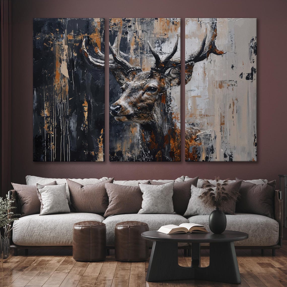 Abstract Stag Deer Head In Black Beige And Gold Splashes Poster - Image 6