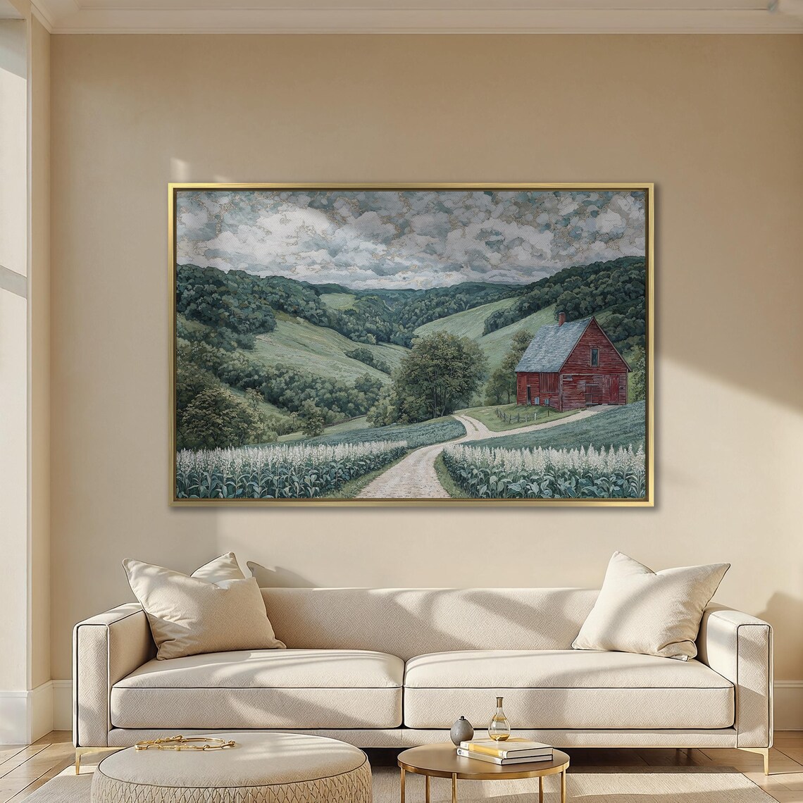 Red Barn On Country Road Among Rolling Green Hills Countryside Poster - Image 2