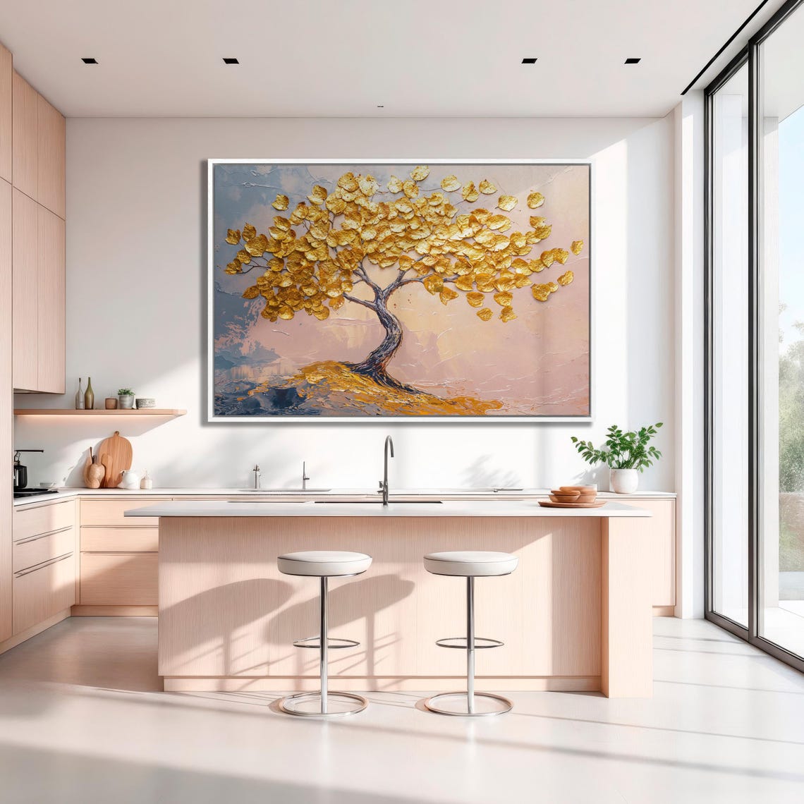 Gold Leaf Tree with Twisted Trunk Pastel Nature Elegant Art Poster - Image 2