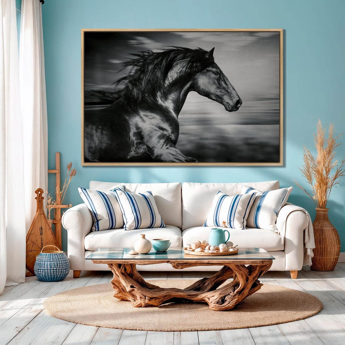 Black Horse Running Dramatic Monochrome Equine Large Wall Art - Image 2