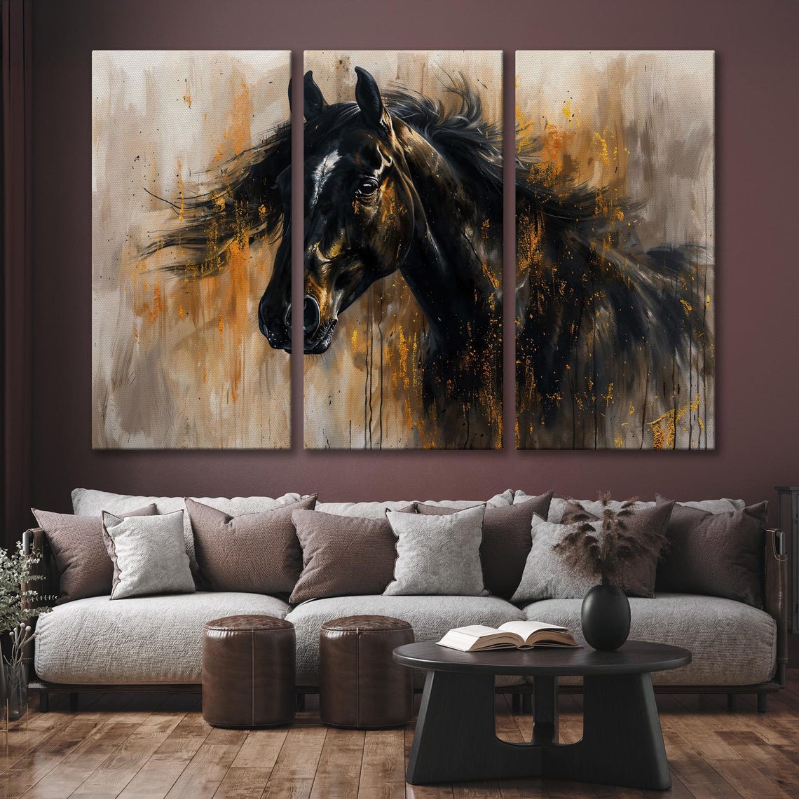 Black Stallion Profile In Warm Gold Abstract Equine Painting Poster - Image 6