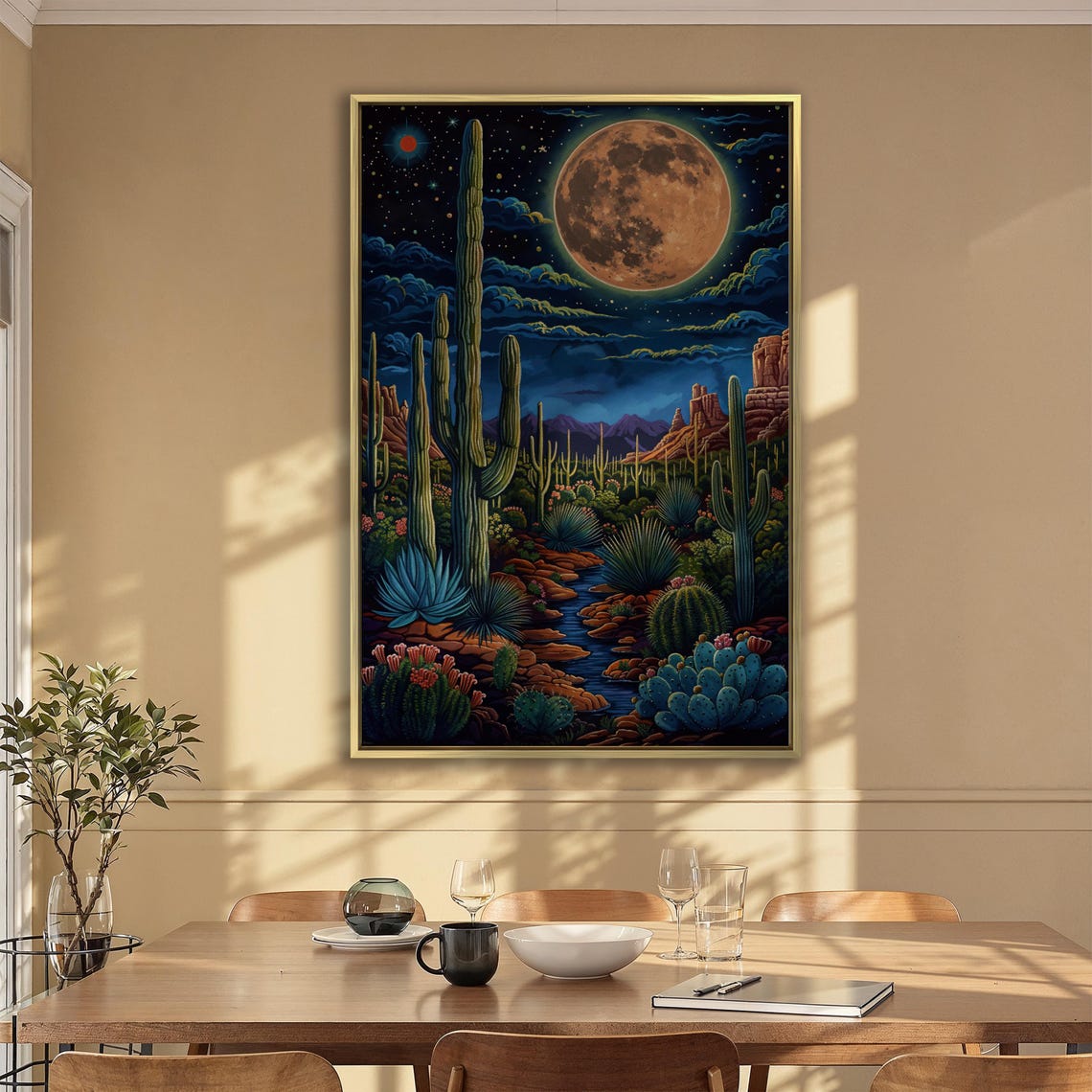 Full Moon Desert Night Saguaro Cactus Landscape Painting Poster - Image 6