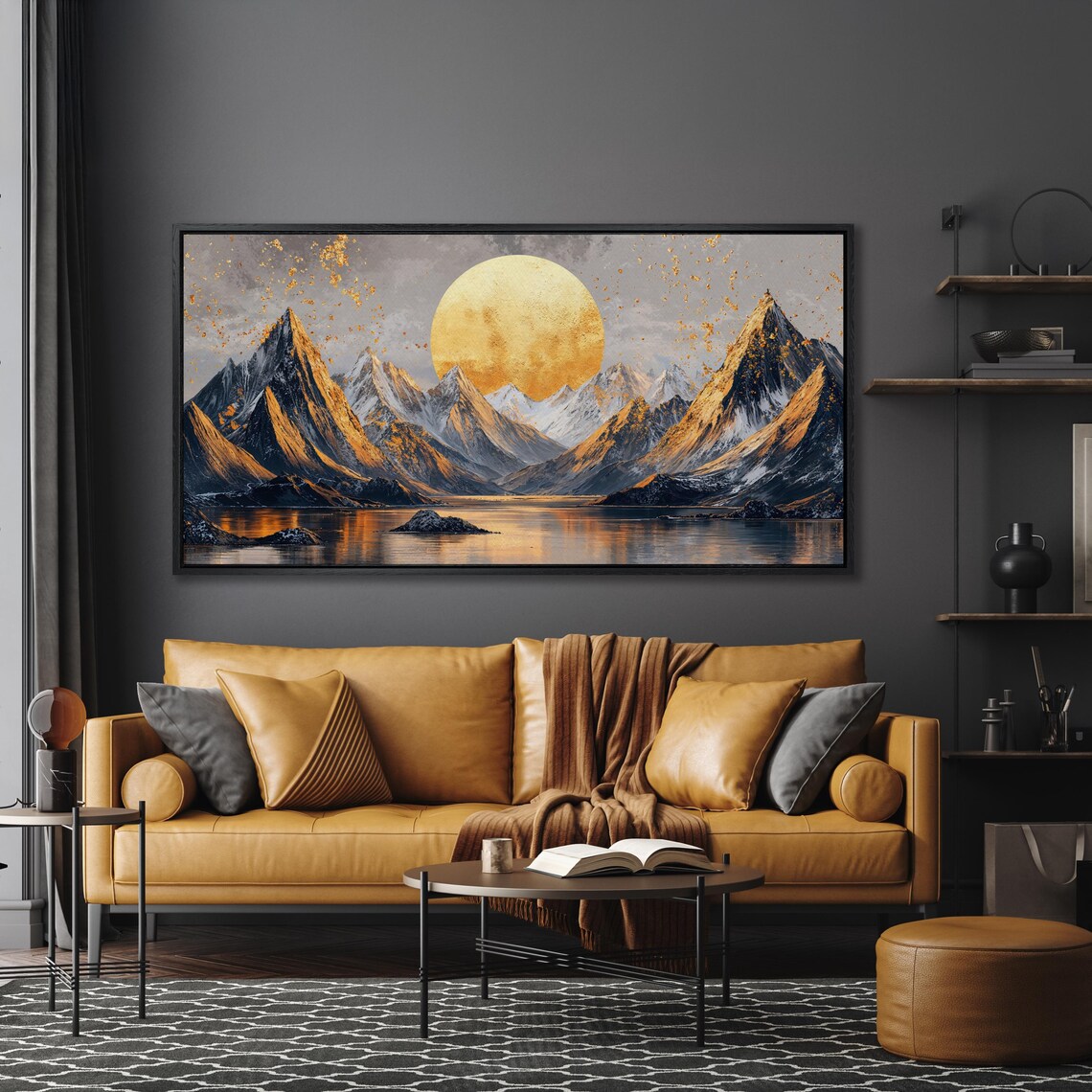 Golden Moonrise Over Jagged Rocky Mountain Peaks By Lake Poster - Image 4