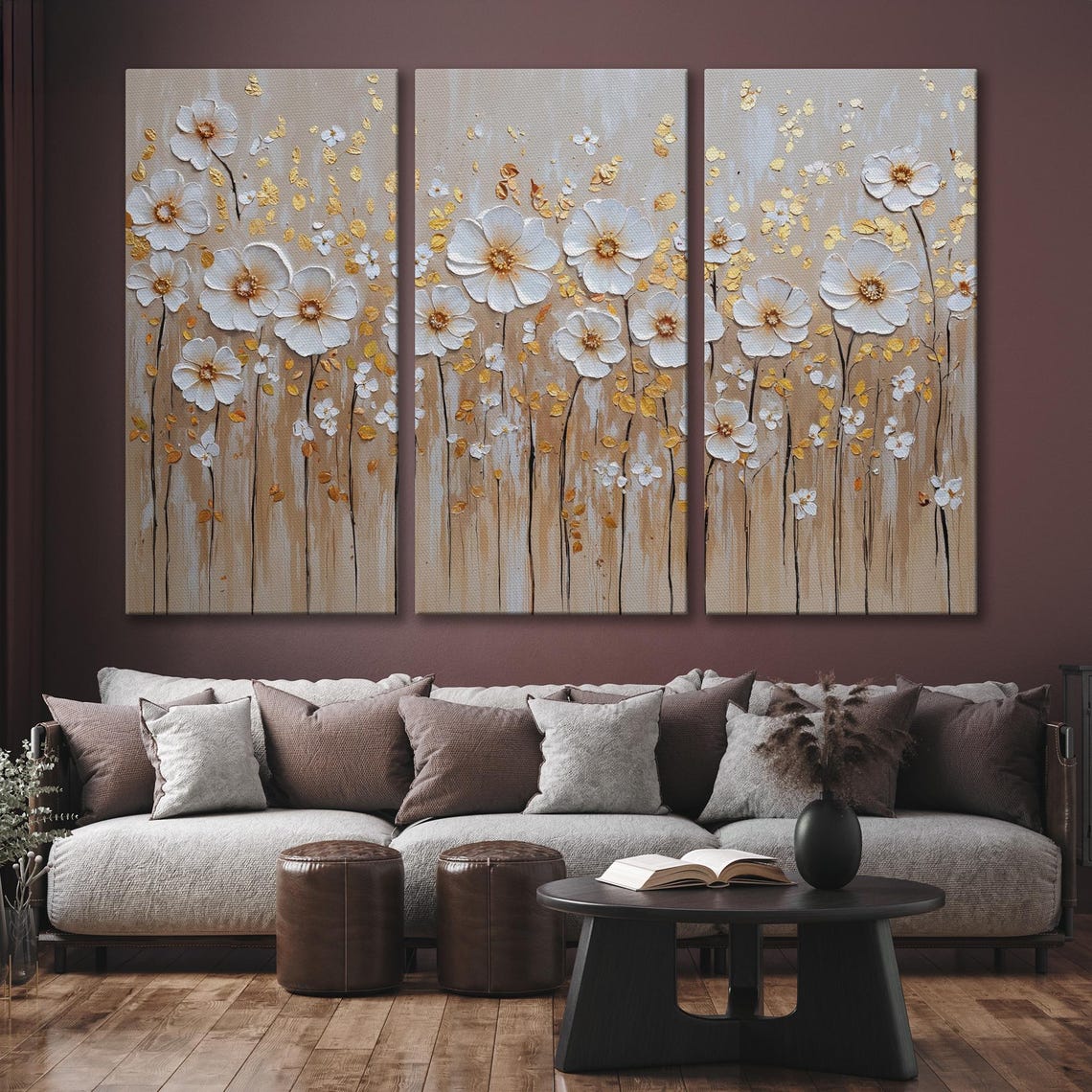 White Flowers Field with Gold Petals Impasto Meadow Elegant Art Poster - Image 6