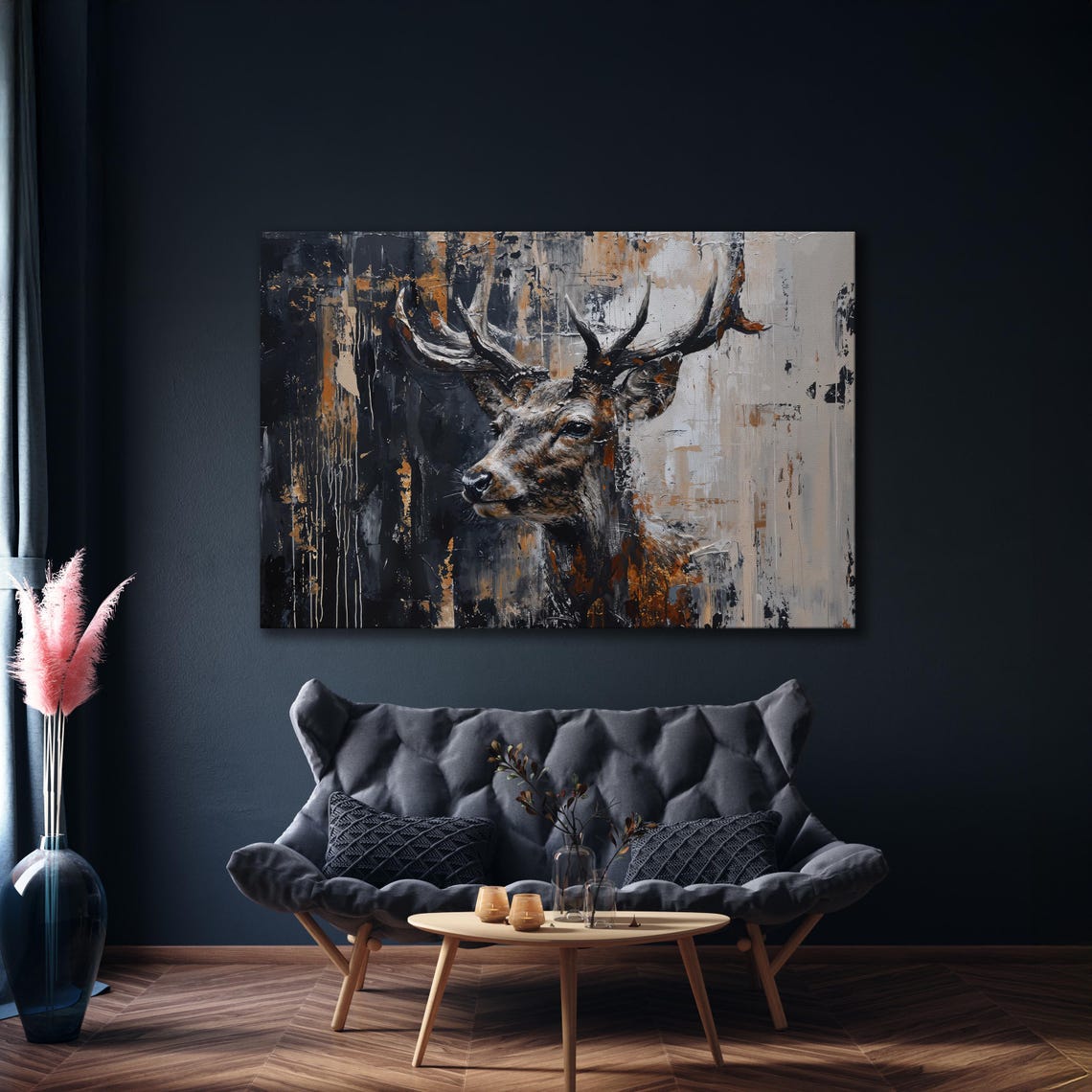 Abstract Stag Deer Head In Black Beige And Gold Splashes Poster - Image 3