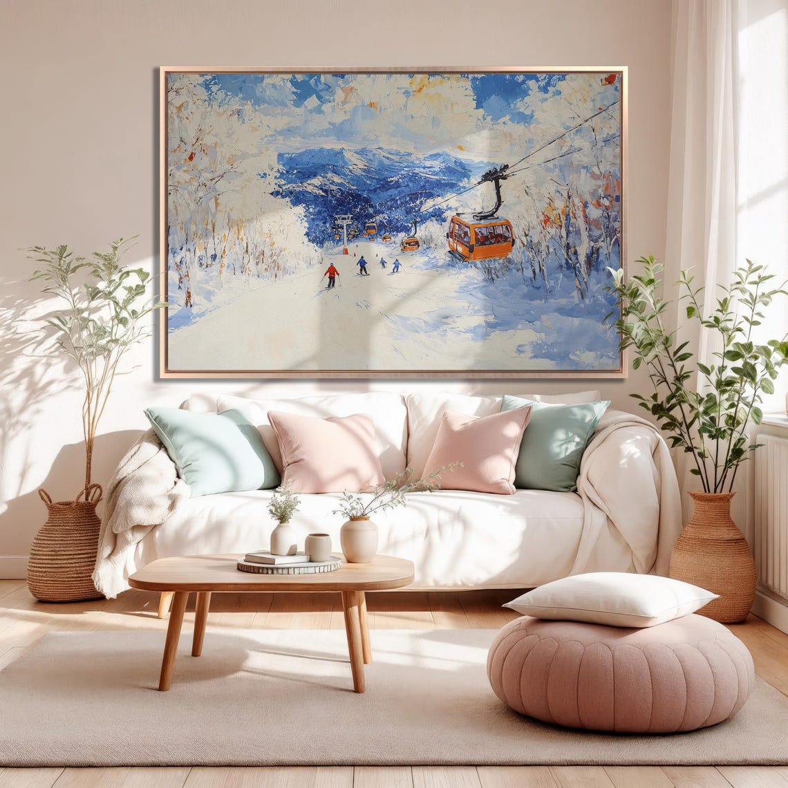 Orange Gondolas Over Ski Slope with Blue Mountains Impasto Poster - Image 5