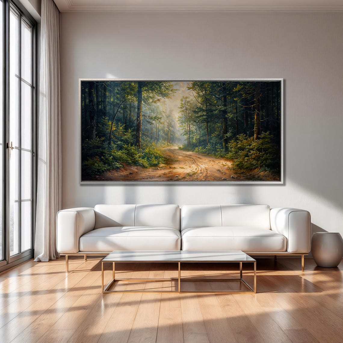 Sunlit Forest Path With Dirt Road Morning Mist Painting Poster - Image 2