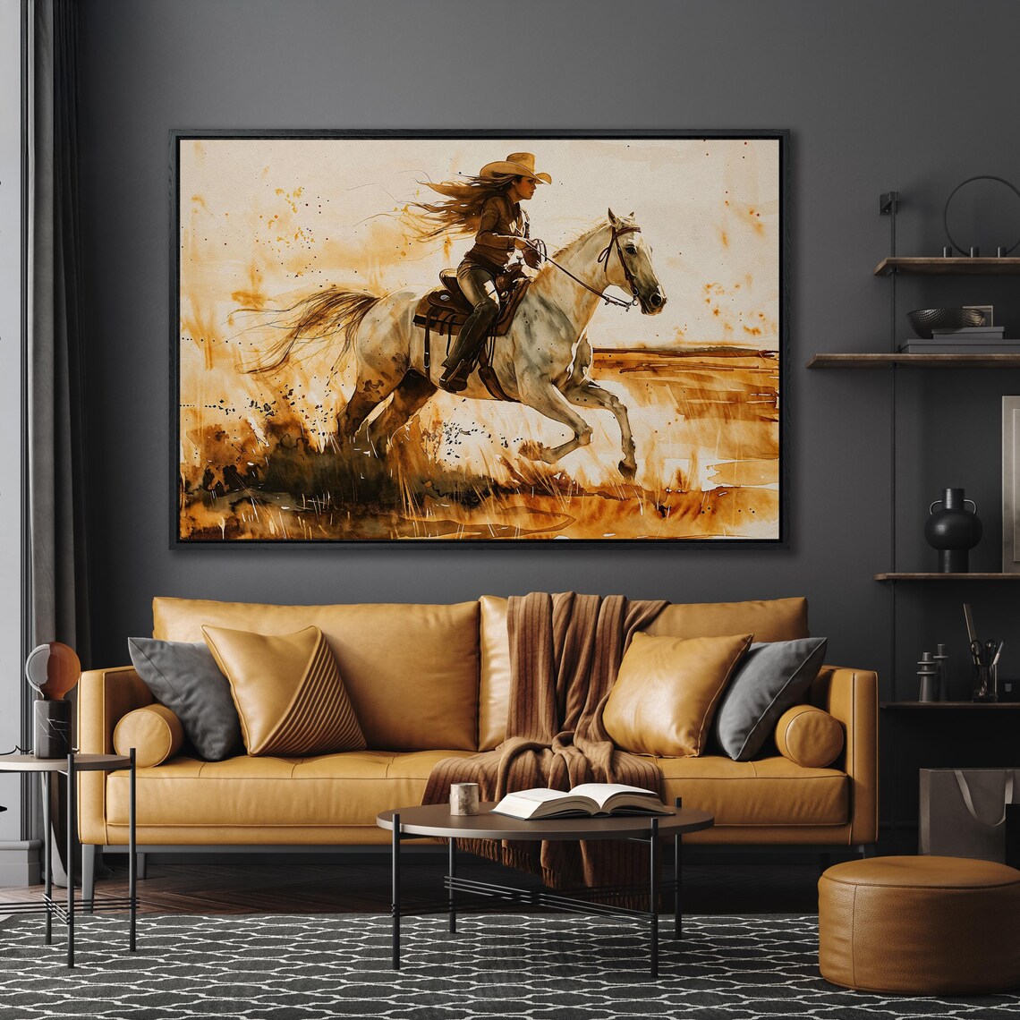 Cowgirl Galloping White Horse Across Prairie Watercolor Poster - Image 4