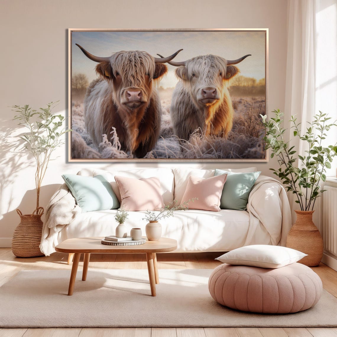 Two Highland Cows In Frosty Sunrise Field Farmhouse Wall Art - Image 5