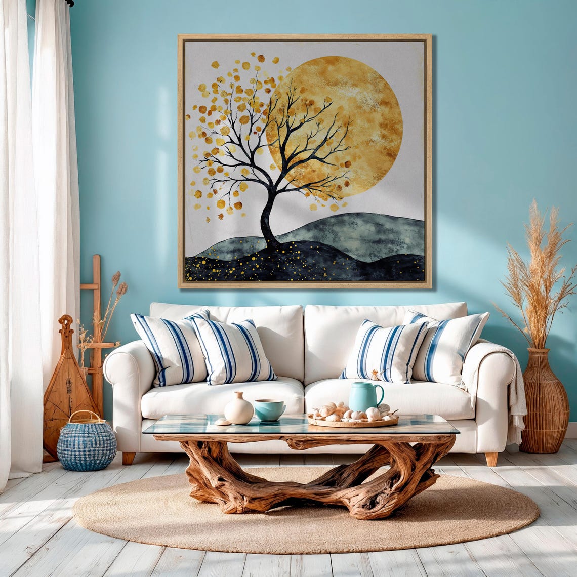 Golden Sun Behind Black Tree Branches Minimalist Nature Poster - Image 2