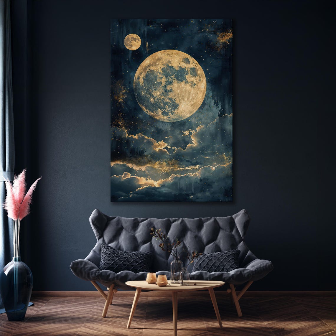 Golden Full Moon Rising Over Clouds In Starry Night Sky Poster - Image 3
