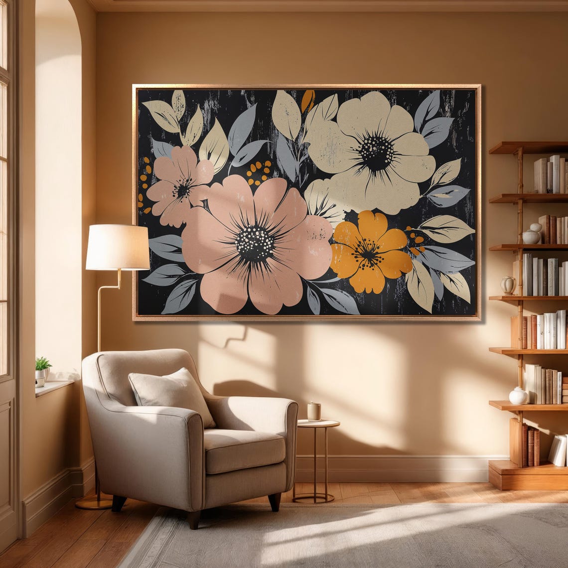 Bold Coral And Cream Blooms On Distressed Black Floral Poster - Image 6