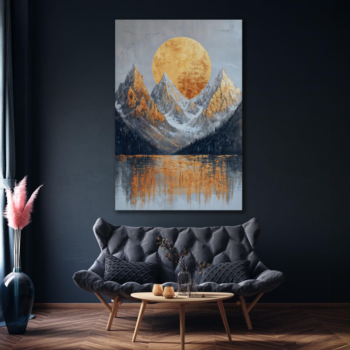 Golden Sunrise Behind Three Peaks Mountain Lake Reflection Poster - Image 5