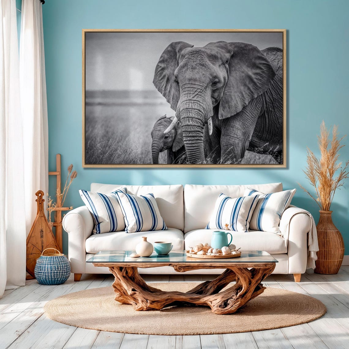 Mother Elephant And Calf Black And White Safari Photo Wall Art - Image 4
