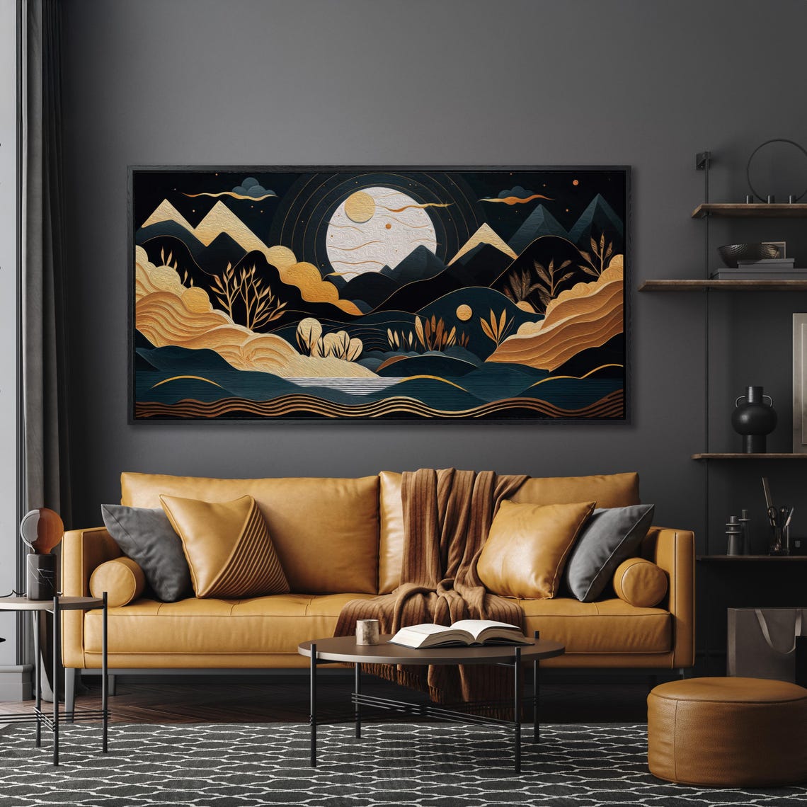 Golden Moon Over Stylized Mountains Panoramic Night Landscape Poster - Image 4