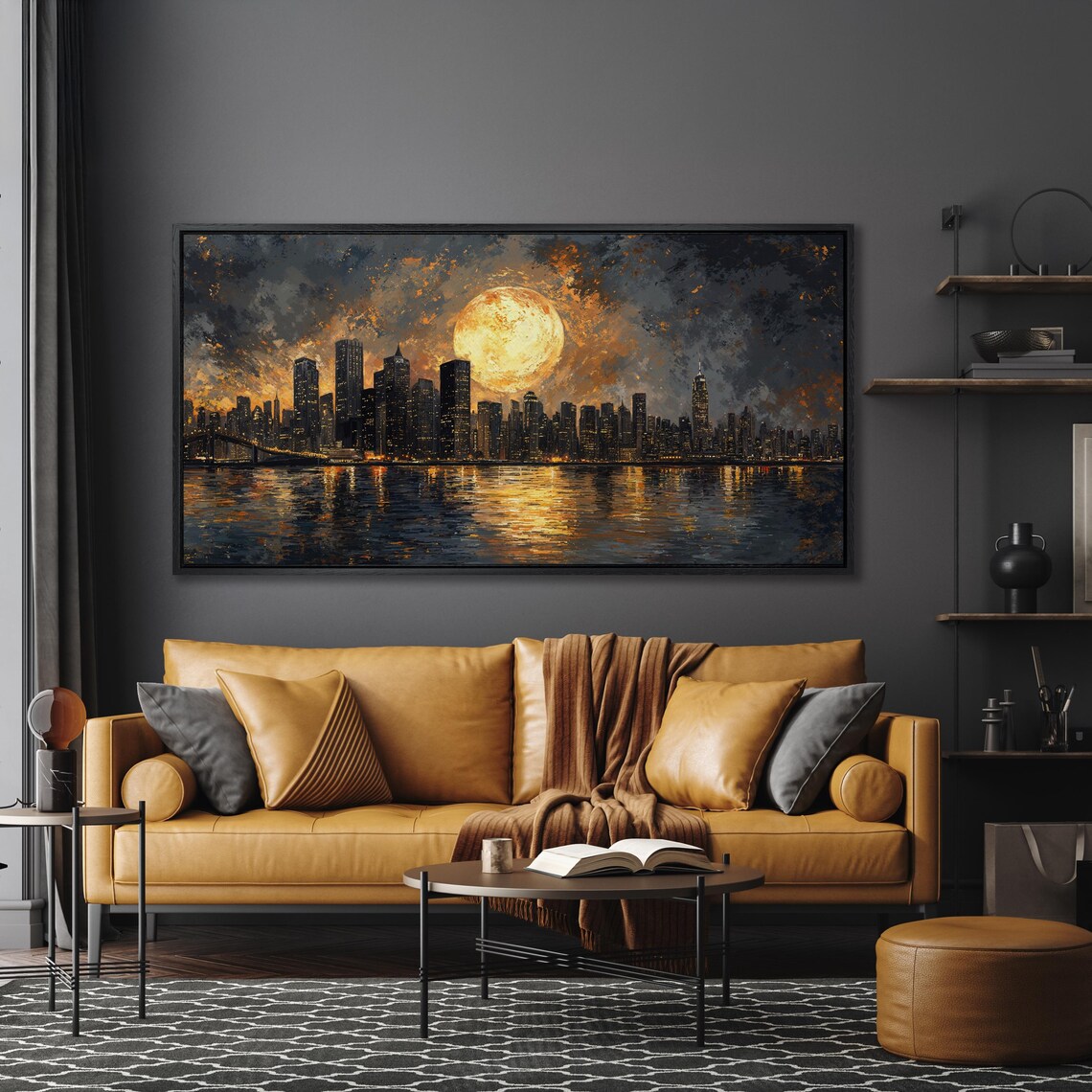 City Skyline With Full Moon Art Print, Urban Nightscape - Image 4