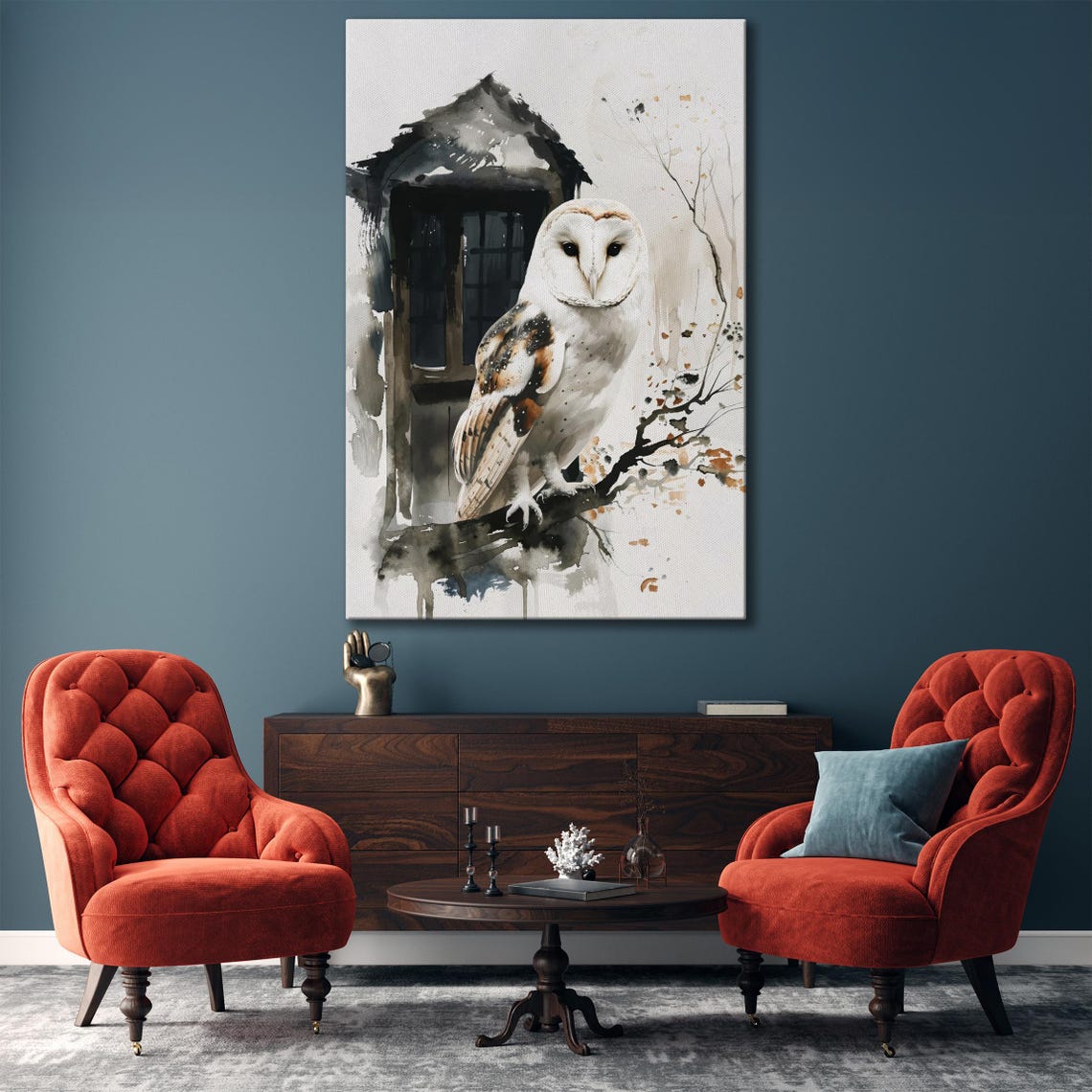Barn Owl Watercolor Perched By Rustic Window Branch Art Poster - Image 3