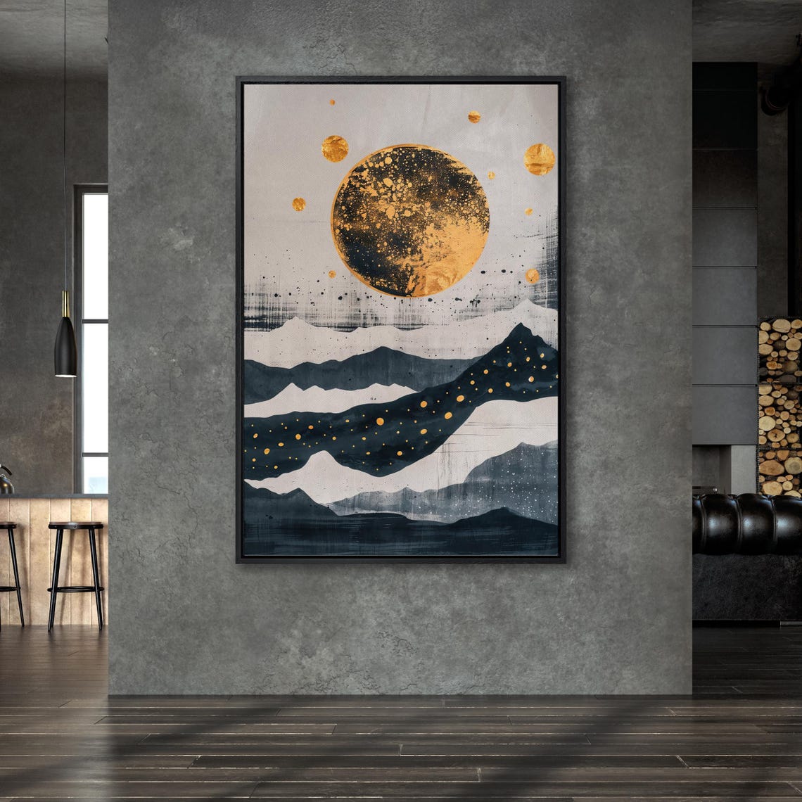 Golden Moon Painting Print Abstract Layered Mountains Wall Art Celestial Theme Poster Vertical Minimalist Decor Ready To Hang - Image 6