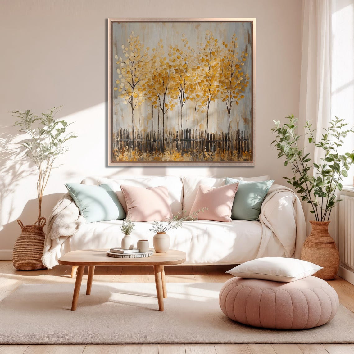 Golden Leaf Trees Standing Behind Rustic Wooden Fence Artwork Poster - Image 2