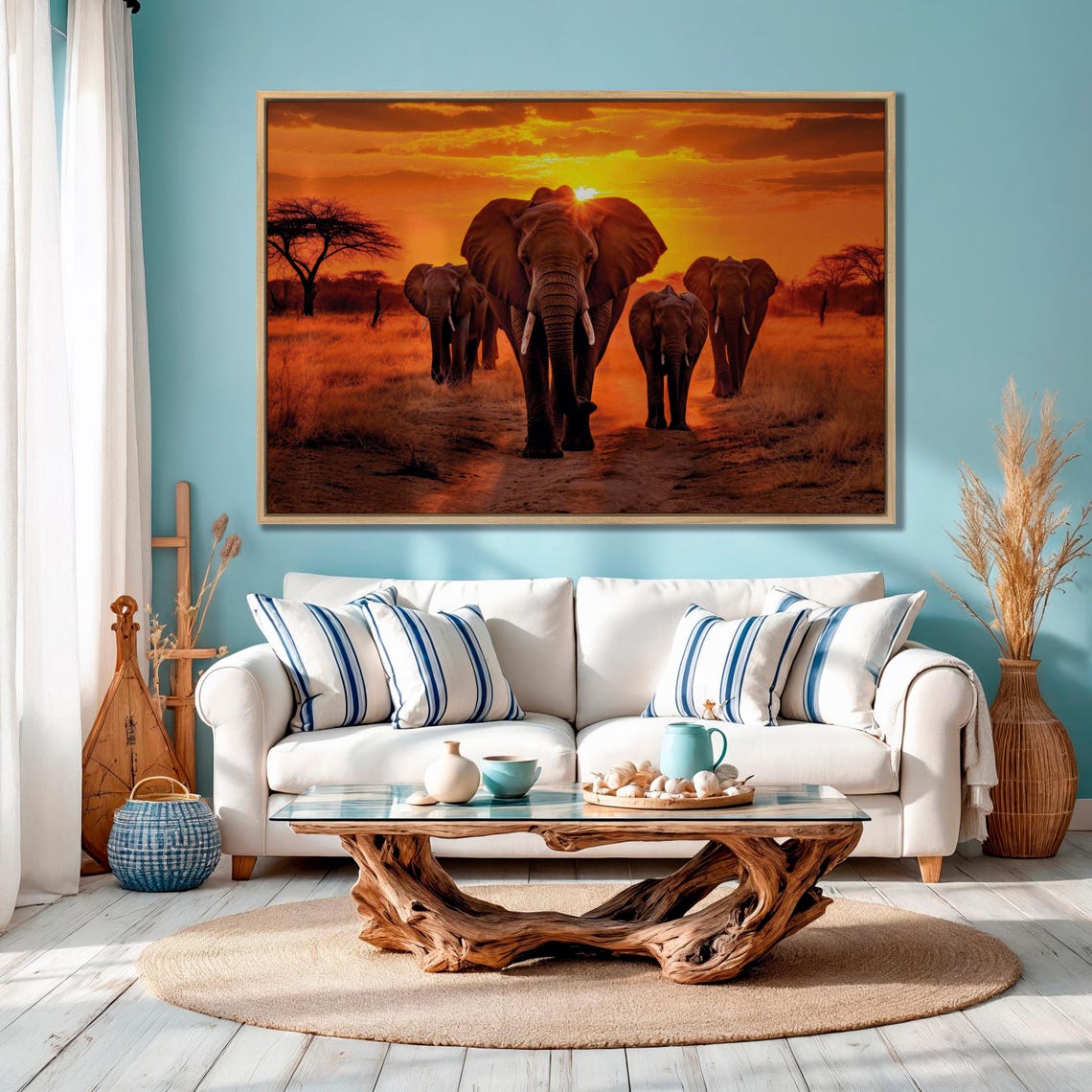 African Elephants Herd Walking Sunset Savanna Wildlife Large Wall Art - Image 3